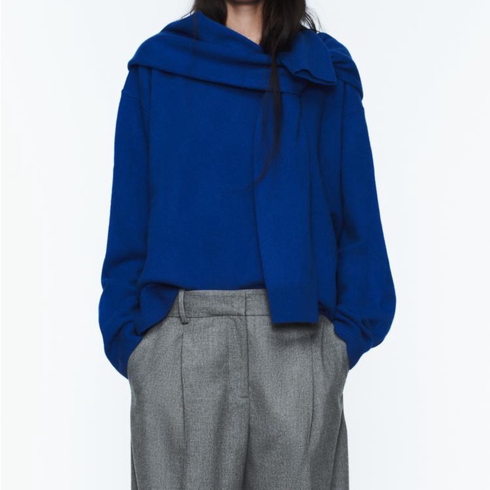 Zara Royal Blue Knit Sweater with Scarf Detail